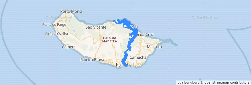 Mapa del recorrido HF 103: Arco de São Jorge -> Funchal (via Ilha, Silveira, Santo António, Lombo Galego, São Roque do Faial, Ribeiro Frio) de la línea  en 葡萄牙.