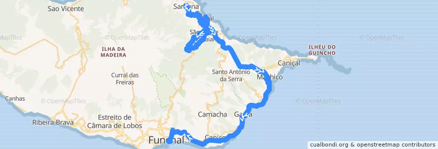 Mapa del recorrido HF 56: Santana -> Funchal (via rápida)(via São Roque do Faial, Machico) de la línea  en ポルトガル.
