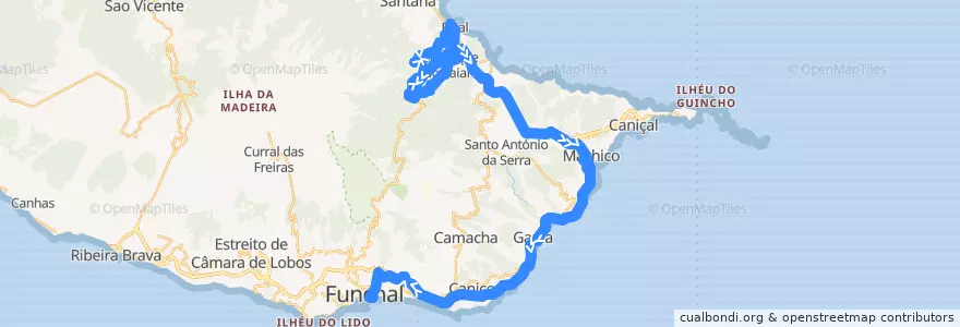Mapa del recorrido HF 56: Lombo Galego -> Funchal (via rápida)(via Fajã da Murta, São Roque do Faial, Machico) de la línea  en البرتغال.