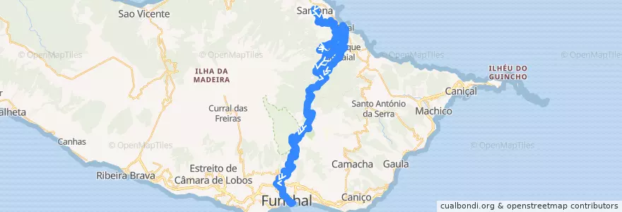 Mapa del recorrido HF 56: Santana -> Funchal (via Lombo Galego, São Roque Faial, Ribeiro Frio) de la línea  en 포르투갈.