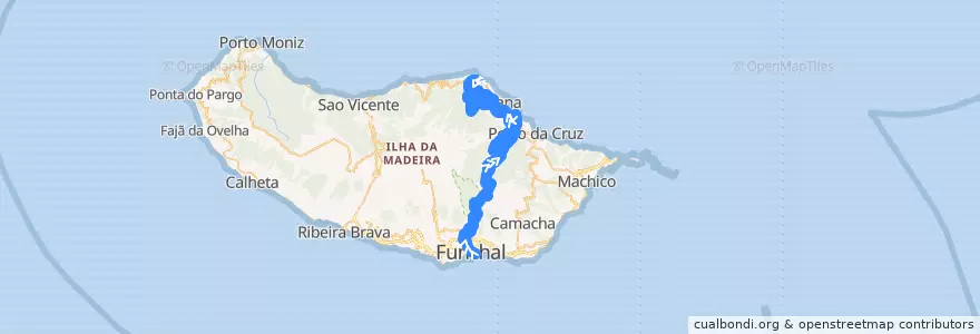 Mapa del recorrido HF 138: Funchal -> São Jorge (via Ribeiro Frio, São Roque do Faial, Silveira, Ilha) de la línea  en پرتغال.
