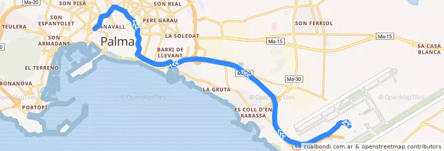 Mapa del recorrido Bus 1P: Aeroport → Passeig Mallorca de la línea  en ميورقة.