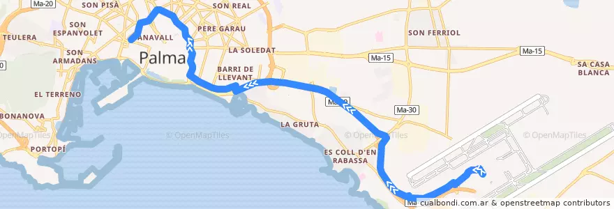 Mapa del recorrido Bus 1P: Aeroport → Passeig Mallorca (per Àrea de Serveis) de la línea  en 帕爾馬.