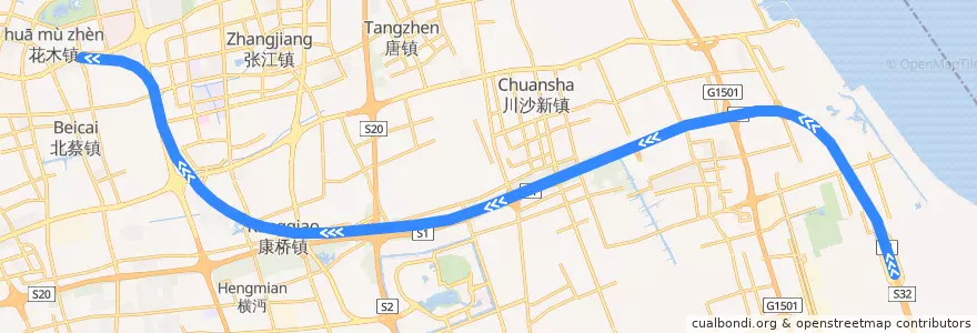 Mapa del recorrido 上海磁浮示范运营线 de la línea  en Pudong.