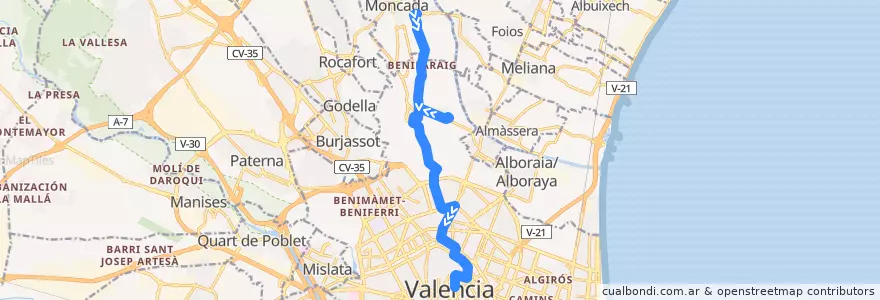 Mapa del recorrido Bus 26: Moncada/Alfara => Poeta Querol de la línea  en Comarca de València.