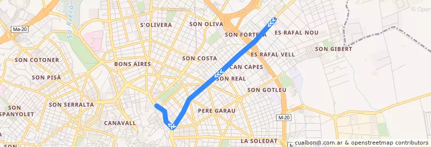 Mapa del recorrido Bus 3P: Son Fuster → Plaça d'Espanya de la línea  en ميورقة.