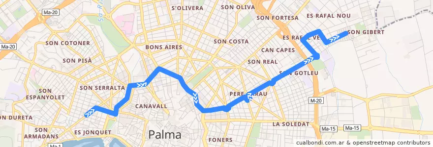Mapa del recorrido Bus 5: Plaça del Progrés → Es Rafal Nou de la línea  en پالما.