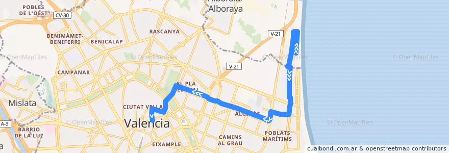 Mapa del recorrido Bus 31: la Patacona/la Malva-rosa => Poeta Querol de la línea  en Comarca de València.