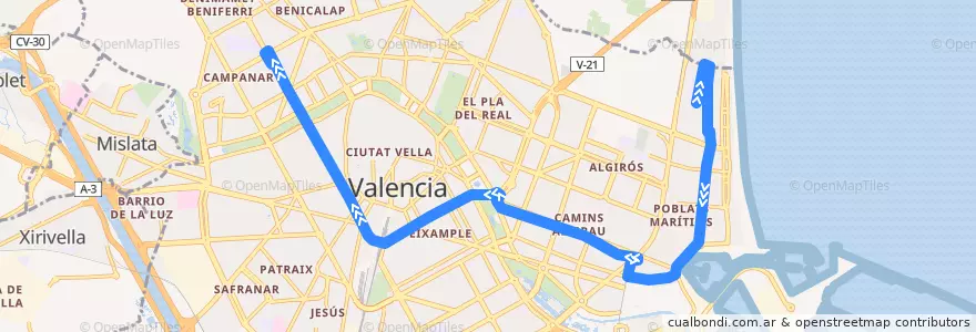 Mapa del recorrido Bus 92: la Malva-rosa => Campanar de la línea  en Comarca de València.