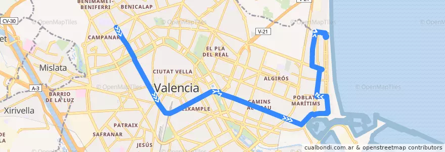 Mapa del recorrido Bus 92: (Verano) Campanar => la Malva-rosa de la línea  en Comarca de València.