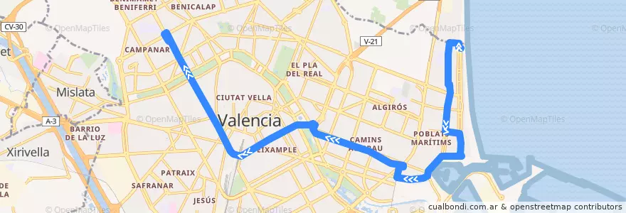 Mapa del recorrido Bus 92: (Verano) la Malva-rosa => Campanar de la línea  en Comarca de València.