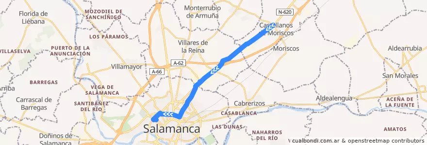 Mapa del recorrido Castellanos de Moriscos → Polígono de los Villares → Salamanca de la línea  en Salamanca.