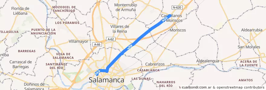 Mapa del recorrido Salamanca → Polígono de los Villares → Castellanos de Moriscos de la línea  en سالامانکا.