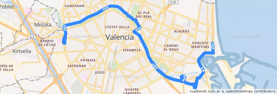 Mapa del recorrido Bus 95: (Verano) Marina Real => Hospital General de la línea  en Comarca de València.