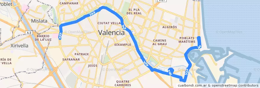 Mapa del recorrido Bus 95: (Verano) Hospital General => Marina Real de la línea  en Comarca de València.