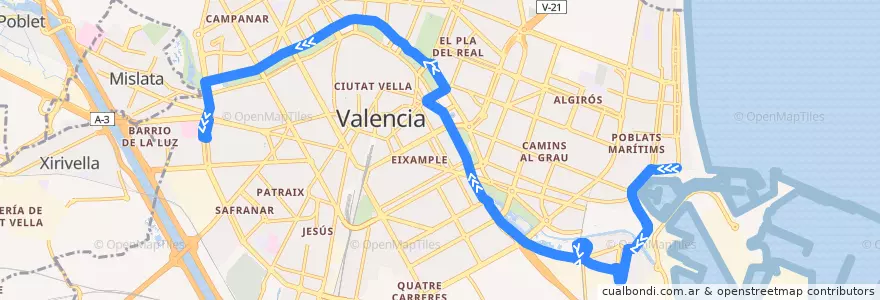 Mapa del recorrido Bus 95: Marina Real => Hospital General de la línea  en Comarca de València.