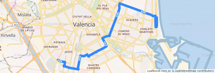 Mapa del recorrido Bus 18: (Verano) Hospital Dr. Peset => Platges de la línea  en Comarca de València.