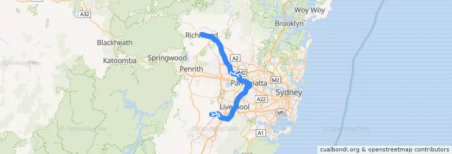 Mapa del recorrido Cumberland Line de la línea  en Sydney.