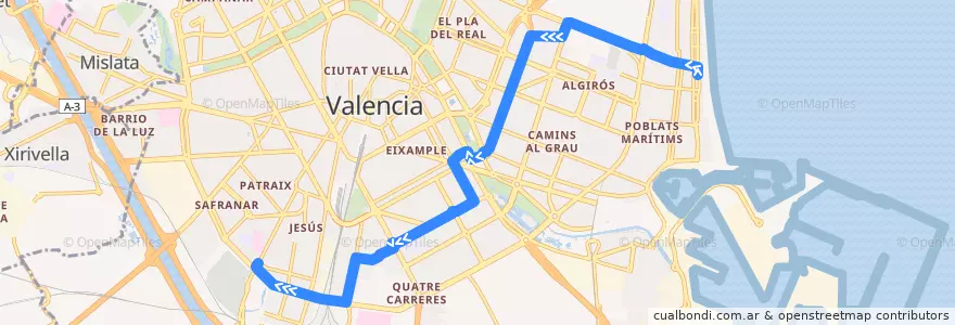 Mapa del recorrido Bus 18: (Verano) Platges => Hospital Dr. Peset de la línea  en Comarca de València.