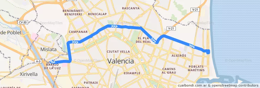 Mapa del recorrido Bus 98: (Fin semana/Verano) Av. del Cid => Passeig Marítim de la línea  en Comarca de València.
