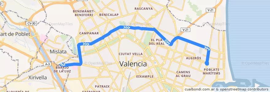 Mapa del recorrido Bus 98: Av. del Cid => Estació del Cabanyal de la línea  en Comarca de València.