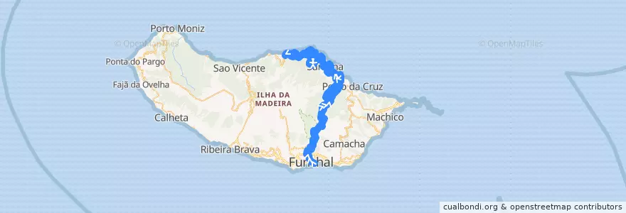 Mapa del recorrido HF 103: Funchal -> Arco de São Jorge (via Ribeiro Frio, São Roque do Faial, Santo António, Parque TM, Ilha) de la línea  en Portugal.