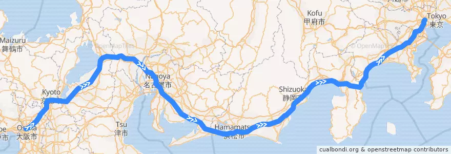 Mapa del recorrido Nozomi: Osaka - Tokyo de la línea  en Giappone.