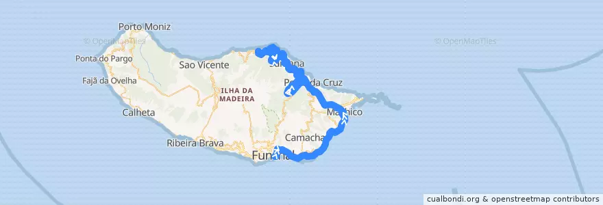 Mapa del recorrido HF 103: Funchal -> Arco de São Jorge (via rápida)(via Machico, São Roque do Faial, Parque TM, Ilha) de la línea  en 葡萄牙.