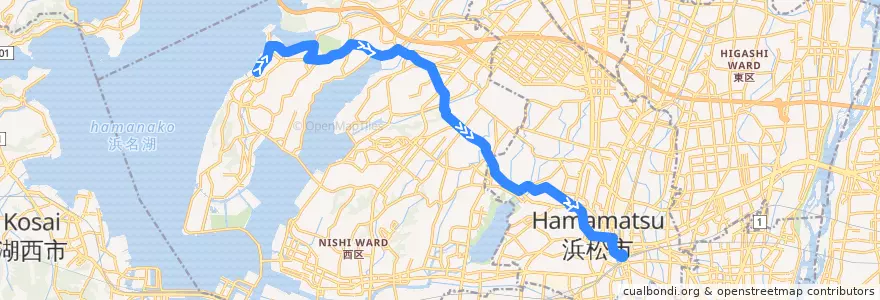 Mapa del recorrido 1系統 30 舘山寺線 上り de la línea  en 浜松市.