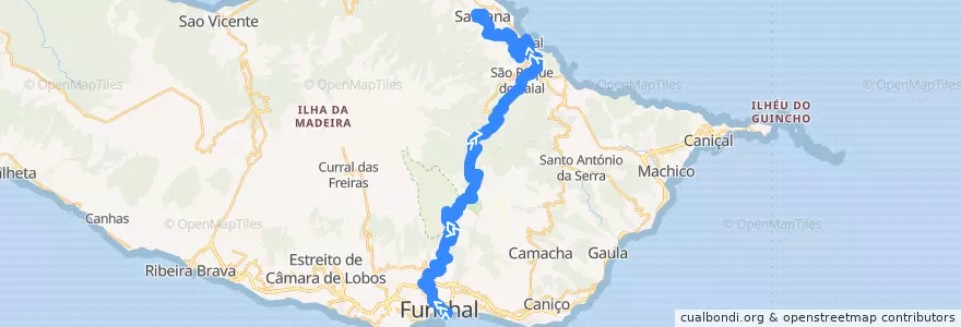 Mapa del recorrido HF 56: Funchal -> Santana-Parque TM (via Ribeiro Frio, São Roque do Faial) de la línea  en 포르투갈.