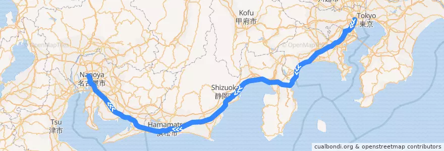 Mapa del recorrido Kodama: Tokyo - Nagoya de la línea  en Giappone.