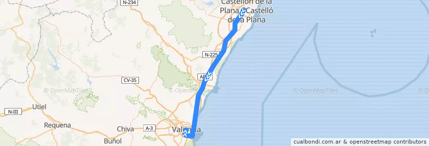 Mapa del recorrido Línea C6 Castellón de la Plana- Valencia (Norte) de la línea  en منطقة بلنسية.