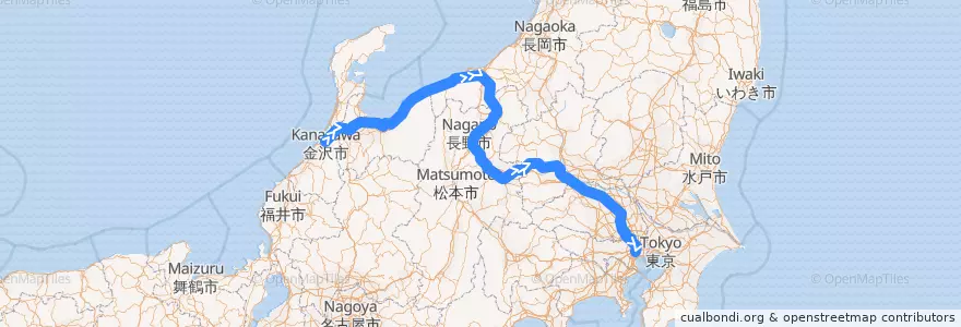 Mapa del recorrido Kagayaki (かがやき) de la línea  en 日本.