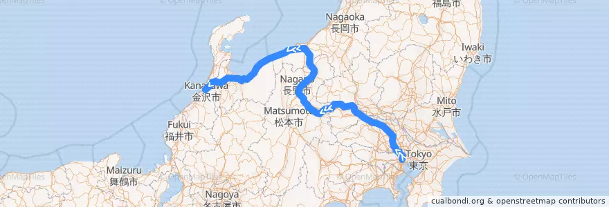 Mapa del recorrido Kagayaki (かがやき) de la línea  en 日本.