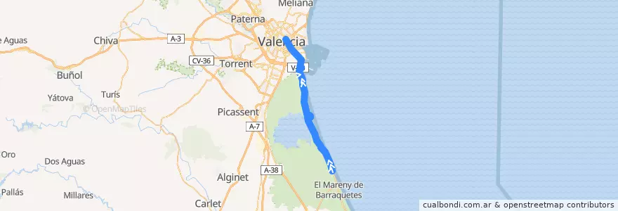 Mapa del recorrido Bus 25: el Perellonet/el Perelló => València de la línea  en Valencia.