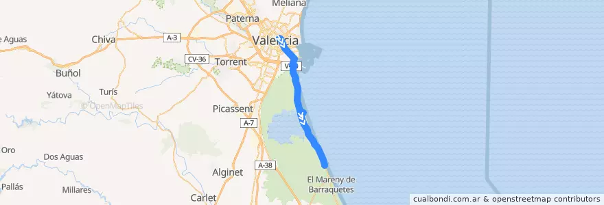 Mapa del recorrido Bus 25: València => el Perellonet/el Perelló de la línea  en Valencia.