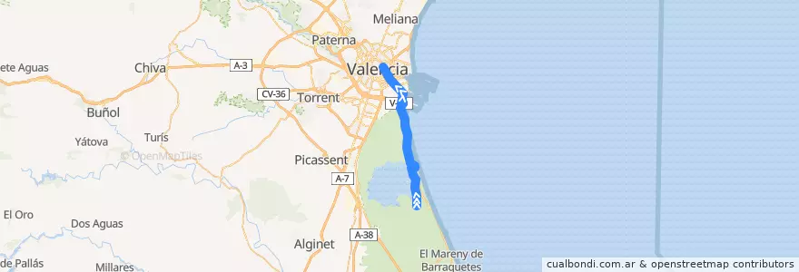 Mapa del recorrido Bus 25: el Palmar => València (lunes a viernes no festivos y lunes festivo) de la línea  en Comarca de València.