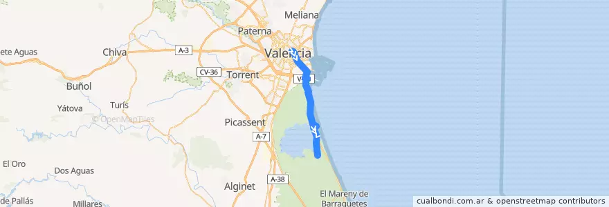 Mapa del recorrido Bus 25: València => el Palmar (lunes a viernes no festivos y lunes festivo) de la línea  en Comarca de València.