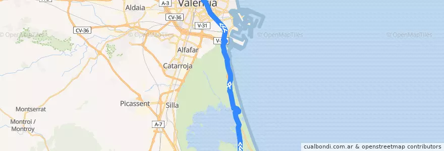 Mapa del recorrido Bus 25: el Palmar => València (sábado, domingo y festivos, excepto lunes festivo) de la línea  en Comarca de València.