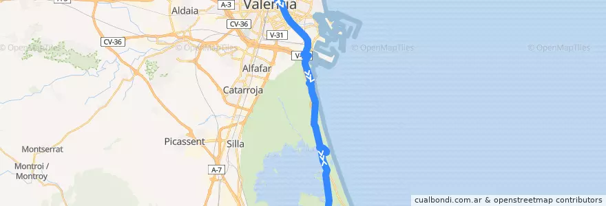 Mapa del recorrido Bus 25: València => el Palmar (sábado, domingo y festivos, excepto lunes festivo) de la línea  en Comarca de València.