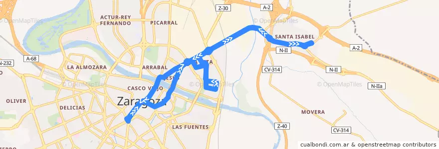 Mapa del recorrido Bus N1: Plaza Aragón - La Jota - Vadorrey - Santa Isabel de la línea  en Saragoça.
