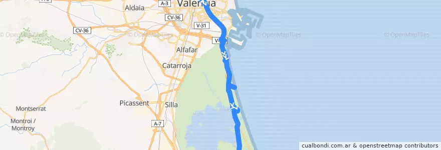 Mapa del recorrido Bus 25: (Verano) València => el Palmar (sábado, domingo y festivos, excepto lunes festivo) de la línea  en Comarca de València.