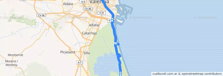 Mapa del recorrido Bus 25: (Verano) el Palmar => València (sábado, domingo y festivos, excepto lunes festivo) de la línea  en Comarca de València.