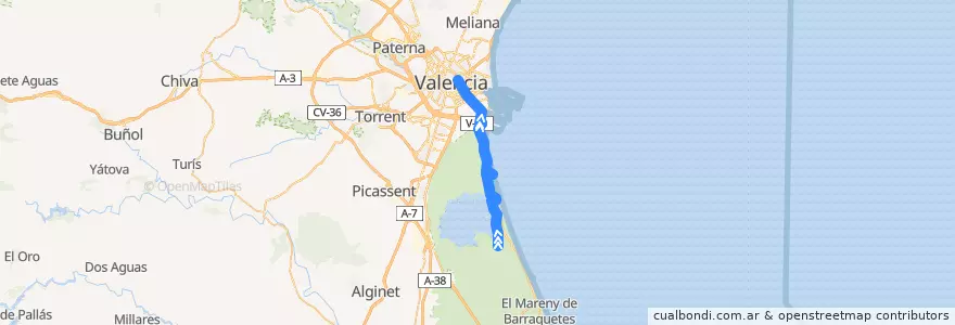 Mapa del recorrido Bus 25: (Verano) el Palmar => València (lunes a viernes no festivos y lunes festivo) de la línea  en Comarca de València.