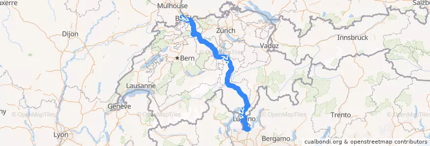 Mapa del recorrido Flixbus 497: Straßburg, Busbahnhof => Mailand, Lampugnano de la línea  en Svizzera.
