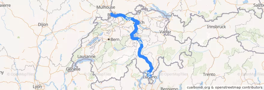 Mapa del recorrido Flixbus K188: Lugano, Via Ciani => EuroAirport Basel de la línea  en Schweiz/Suisse/Svizzera/Svizra.