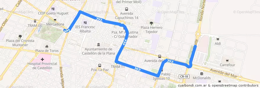 Mapa del recorrido L17 Servei especial Mercat del Dilluns - Anada de la línea  en Castelló de la Plana.