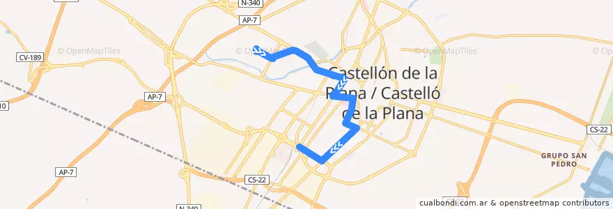 Mapa del recorrido L15 U.J.I. - Poliesportiu Ciutat de Castelló de la línea  en Кастельон-де-ла-Плана.