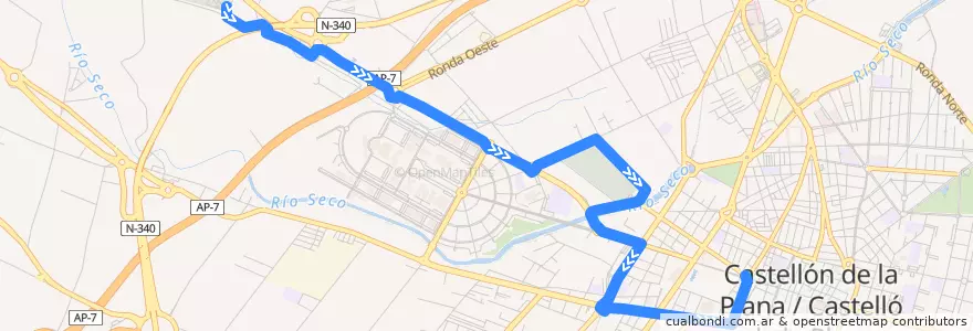 Mapa del recorrido L13 Nou Cementeri - Passeig Ribalta de la línea  en Кастельон-де-ла-Плана.