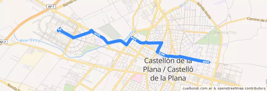 Mapa del recorrido L11 Rafalafena-UJI de la línea  en Castelló de la Plana.